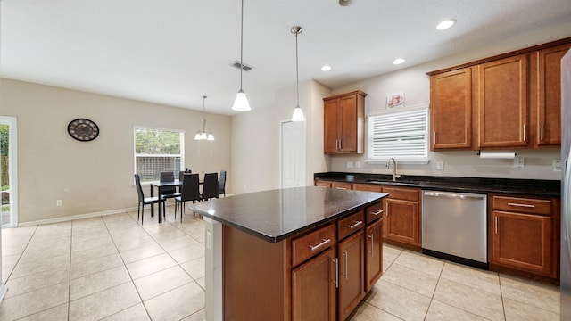 191 Timberwood Dr, Saint Augustine, FL 32084 - kitchen featuring a sink, stainless steel dishwasher, brown cabinetry, light tile patterned floors, and recessed lighting