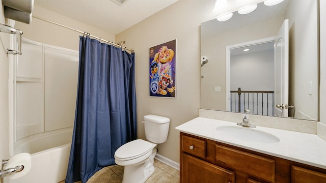 191 Timberwood Dr, Saint Augustine, FL 32084 - bathroom featuring vanity, shower / bathtub combination with curtain, toilet, baseboards, and tile patterned floors