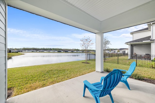 view of patio / terrace with a water view