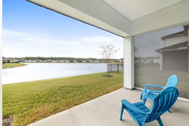 view of patio / terrace featuring a water view