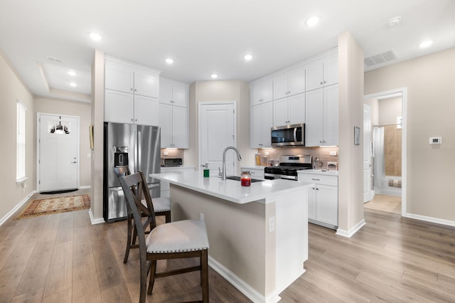 kitchen featuring a center island with sink, white cabinetry, a breakfast bar, and appliances with stainless steel finishes