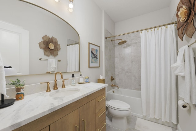 full bathroom featuring vanity, shower / tub combo with curtain, toilet, and tile patterned floors