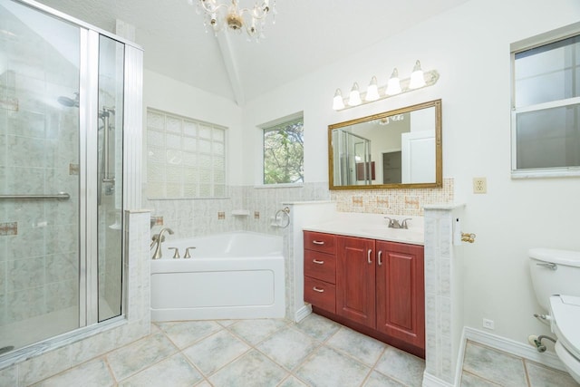 full bath with a garden tub, lofted ceiling, toilet, a shower stall, and vanity