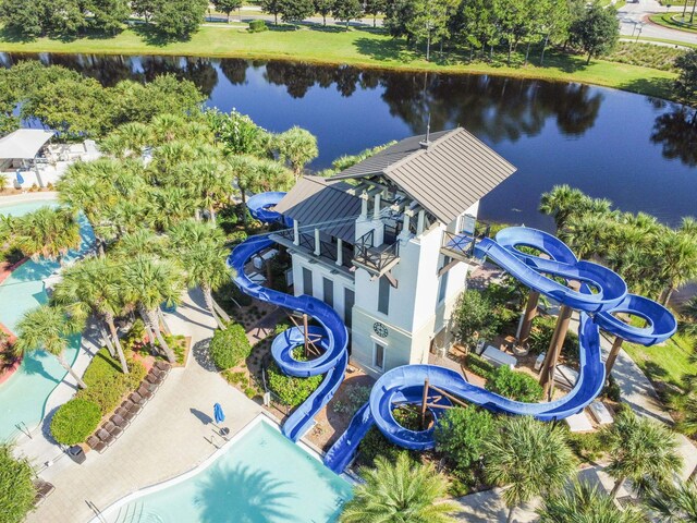 drone / aerial view featuring a water view