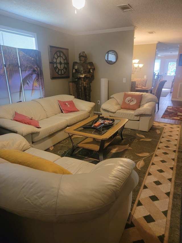 living area with crown molding, a textured ceiling, wood finished floors, and visible vents
