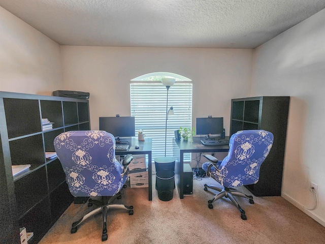 carpeted home office with a textured ceiling