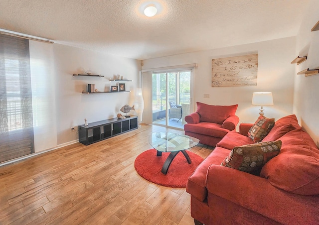 living room with light hardwood / wood-style flooring and a textured ceiling