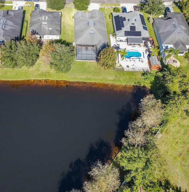 drone / aerial view featuring a water view