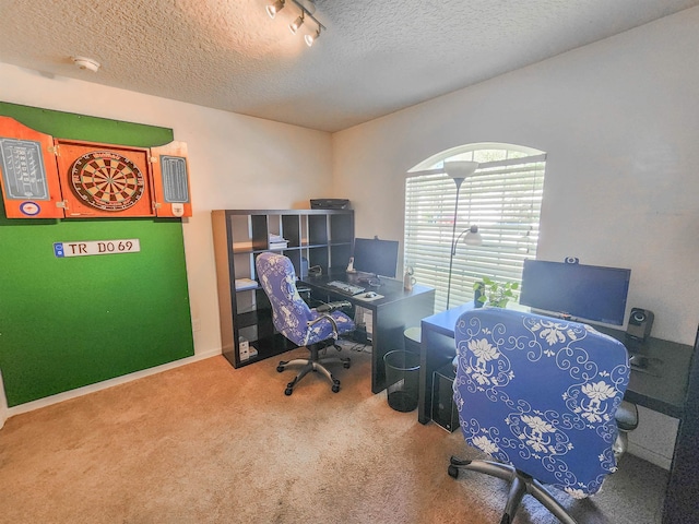 office space featuring carpet floors, a textured ceiling, and rail lighting