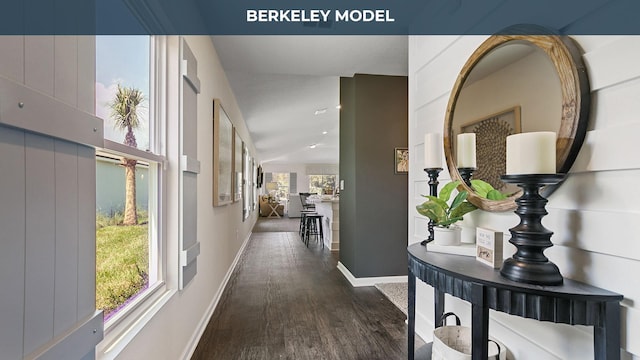 corridor with vaulted ceiling, a healthy amount of sunlight, dark wood-style flooring, and baseboards