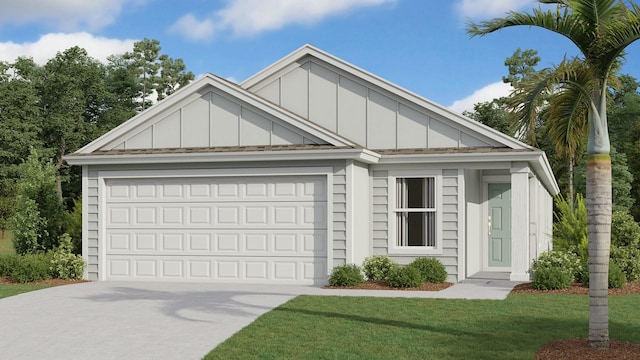 view of front of house with an attached garage, board and batten siding, concrete driveway, and a front yard