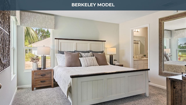 bedroom with connected bathroom, baseboards, visible vents, and light carpet