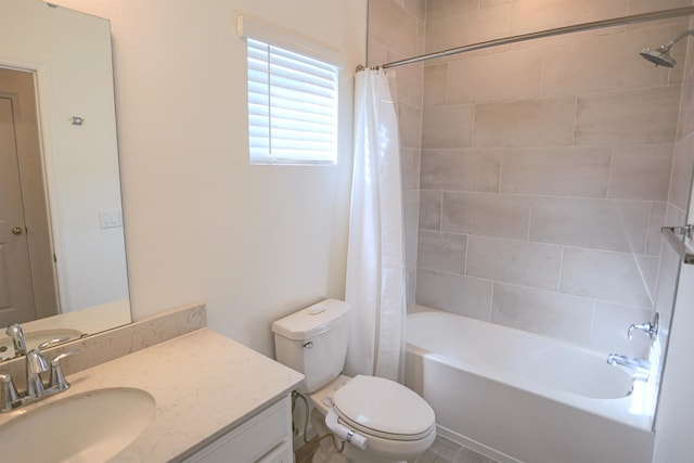 full bathroom with shower / bath combination with curtain, toilet, and vanity