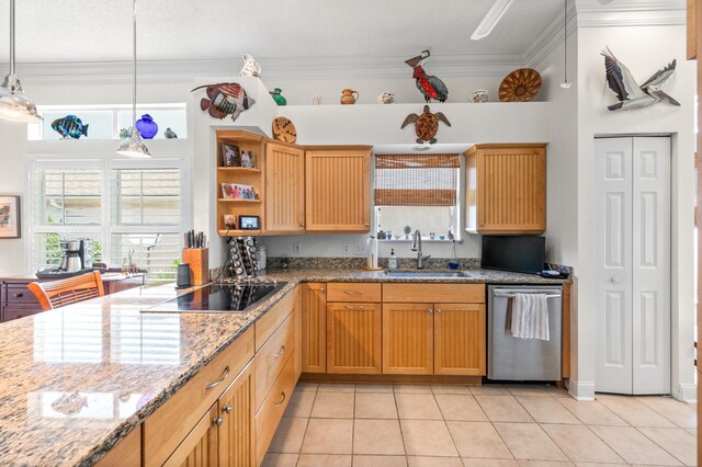 kitchen with sink, stainless steel dishwasher, ornamental molding, light tile patterned floors, and decorative light fixtures