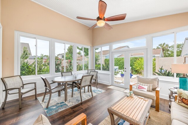 sunroom featuring french doors, vaulted ceiling, a wealth of natural light, and ceiling fan