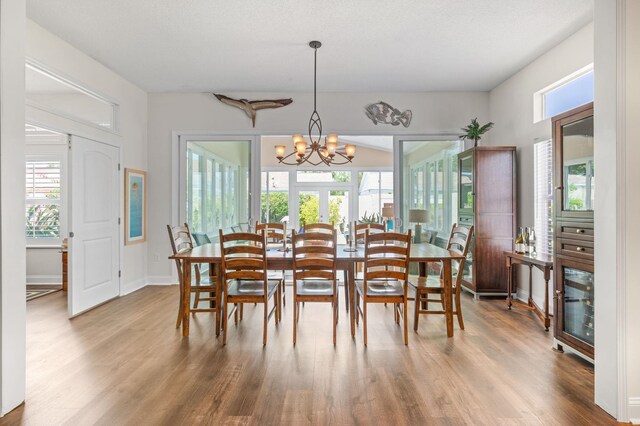 dining area with a wealth of natural light, hardwood / wood-style floors, and a chandelier