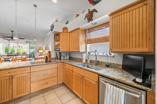 kitchen with dishwasher, sink, kitchen peninsula, black electric cooktop, and ornamental molding