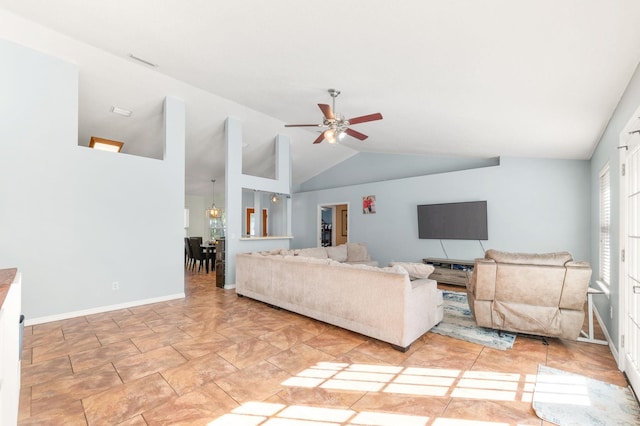 living room featuring lofted ceiling and ceiling fan