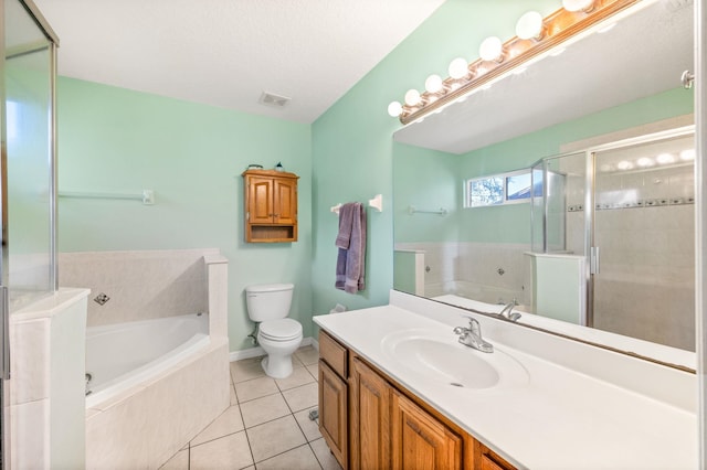 full bathroom with tile patterned flooring, vanity, a textured ceiling, shower with separate bathtub, and toilet