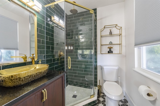 bathroom with vanity, toilet, and a shower with shower door