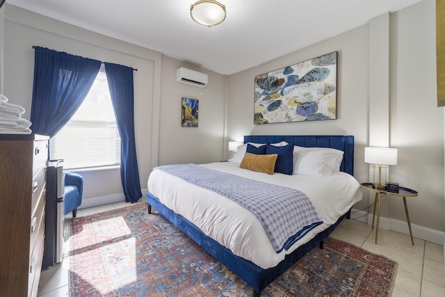 tiled bedroom featuring a wall mounted AC