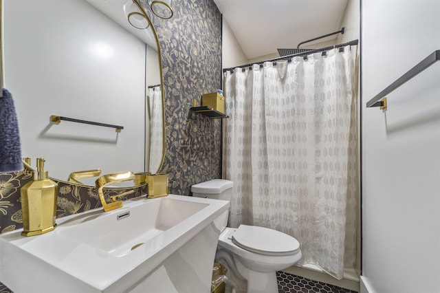 2 Mulvey St, Saint Augustine, FL 32084 - bathroom featuring vanity, tile patterned floors, wallpapered walls, and a shower with curtain