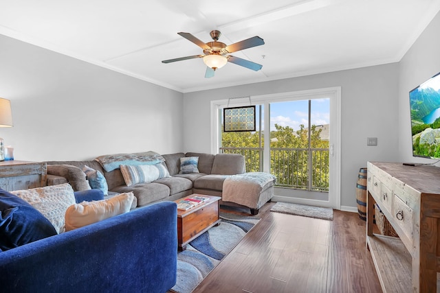 210 16th Street Unit J, Saint Augustine Beach, FL 32080 - living area featuring wood finished floors, ceiling fan, and crown molding
