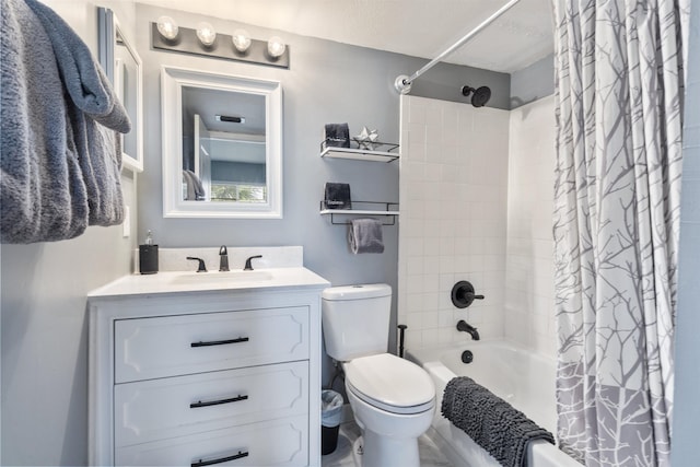 full bathroom with shower / bath combination with curtain, toilet, a textured ceiling, and vanity