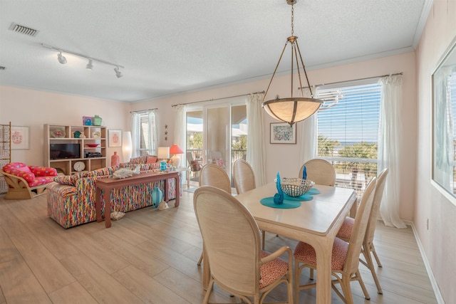 dining space with a wealth of natural light, light hardwood / wood-style floors, and a textured ceiling