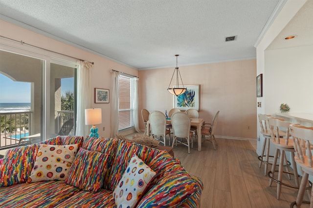 living room with a water view, ornamental molding, light hardwood / wood-style flooring, and a textured ceiling