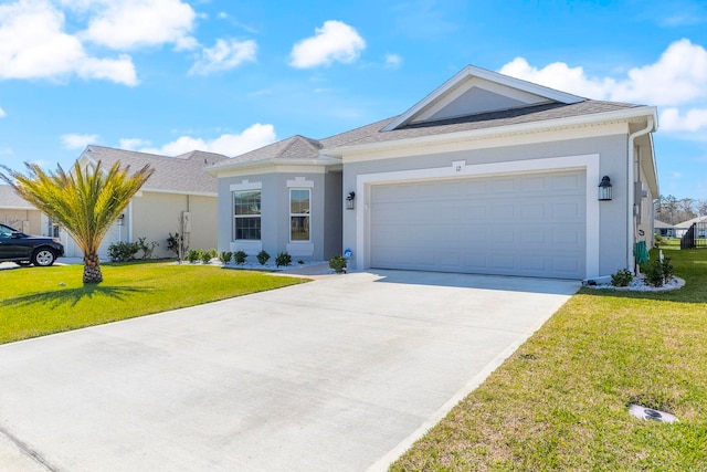 ranch-style house with a garage, a front yard, and stucco siding