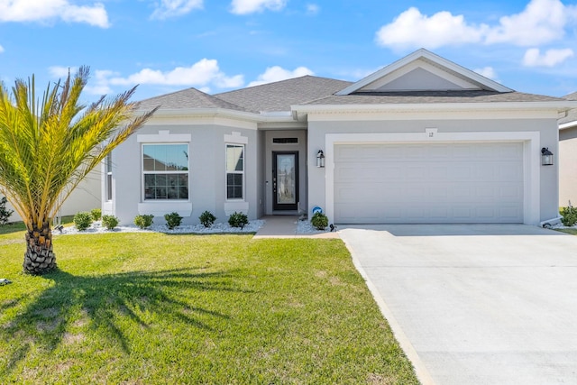 ranch-style home featuring a garage, a shingled roof, concrete driveway, a front lawn, and stucco siding