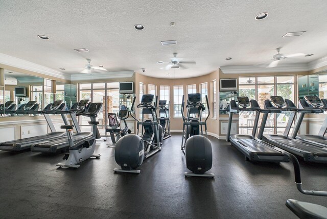 exercise room featuring crown molding, ceiling fan, and a textured ceiling