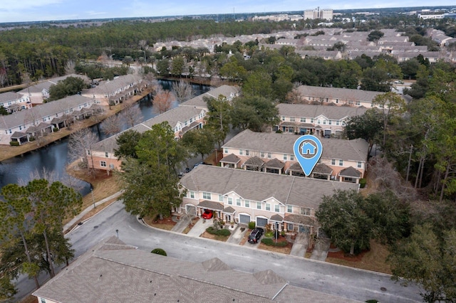 drone / aerial view featuring a water view