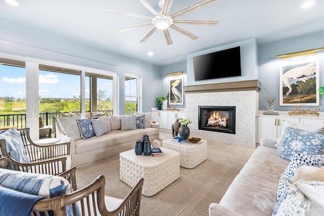 214 Pelican Reef Dr, Saint Augustine, FL 32080 - living area with recessed lighting, a ceiling fan, and a glass covered fireplace