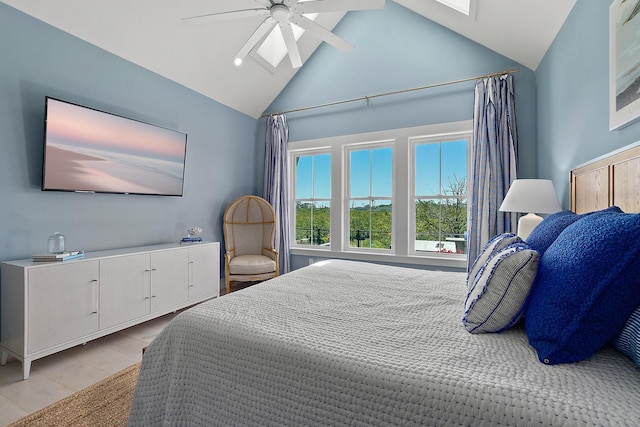 214 Pelican Reef Dr, Saint Augustine, FL 32080 - bedroom with high vaulted ceiling, ceiling fan, and light wood-style floors