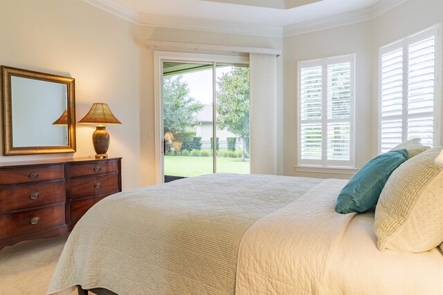 bedroom featuring access to outside, multiple windows, and ornamental molding