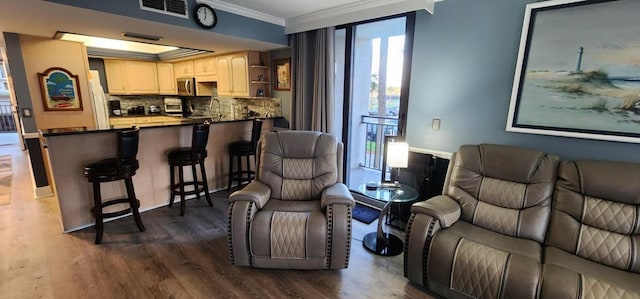 2 Dondanville Rd Unit 216, Saint Augustine Beach, FL 32080 - living area with crown molding and dark wood finished floors