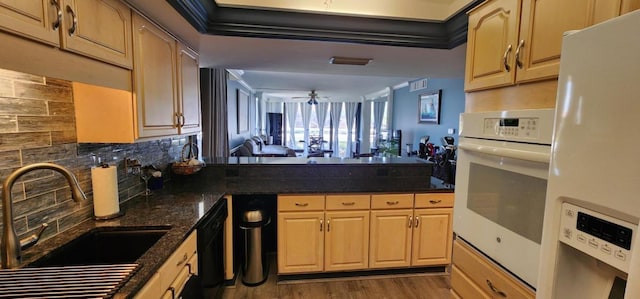 2 Dondanville Rd Unit 216, Saint Augustine Beach, FL 32080 - kitchen featuring white appliances, a sink, a peninsula, tasteful backsplash, and dark wood-style floors