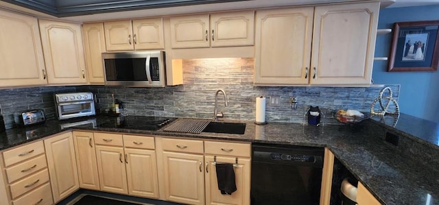2 Dondanville Rd Unit 216, Saint Augustine Beach, FL 32080 - kitchen featuring black appliances, a sink, decorative backsplash, dark stone counters, and light brown cabinets