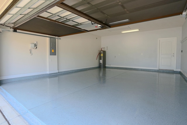 garage with electric panel, water heater, and baseboards