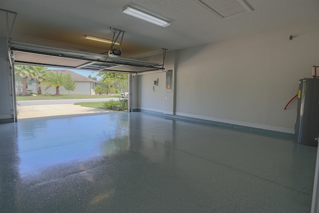 garage with water heater, a garage door opener, electric panel, and baseboards