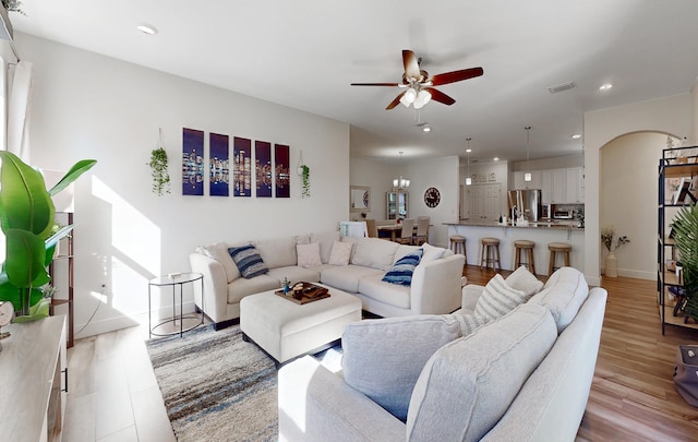 59 Oakleaf Way, Palm Coast, FL 32137 - living area featuring visible vents, recessed lighting, ceiling fan, light wood-style flooring, and baseboards