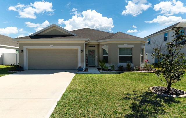 59 Oakleaf Way, Palm Coast, FL 32137 - ranch-style home featuring concrete driveway, a garage, stucco siding, and a front yard