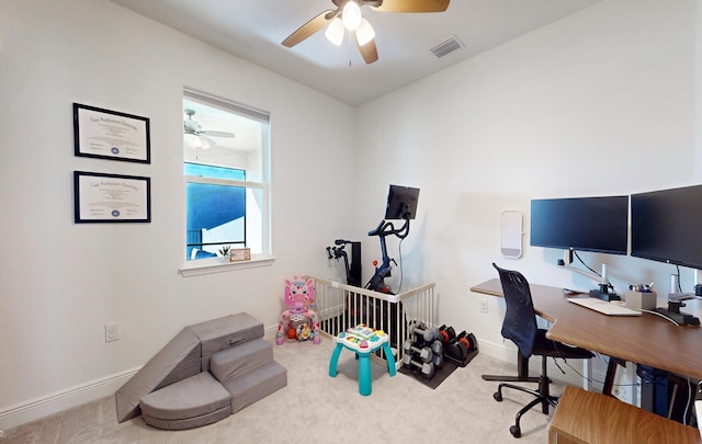 59 Oakleaf Way, Palm Coast, FL 32137 - office area with visible vents, baseboards, ceiling fan, and carpet floors