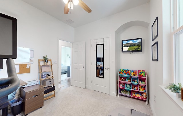 59 Oakleaf Way, Palm Coast, FL 32137 - office with ceiling fan, light colored carpet, baseboards, and visible vents