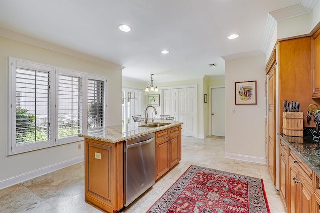 1 Sandpiper Cv, Ponte Vedra Beach, FL 32082 - kitchen featuring stainless steel dishwasher, ornamental molding, brown cabinets, a chandelier, and light stone counters