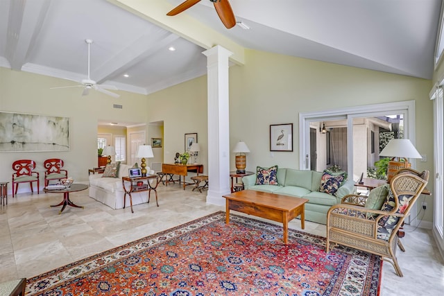 1 Sandpiper Cv, Ponte Vedra Beach, FL 32082 - living room featuring ceiling fan, high vaulted ceiling, ornate columns, beam ceiling, and recessed lighting