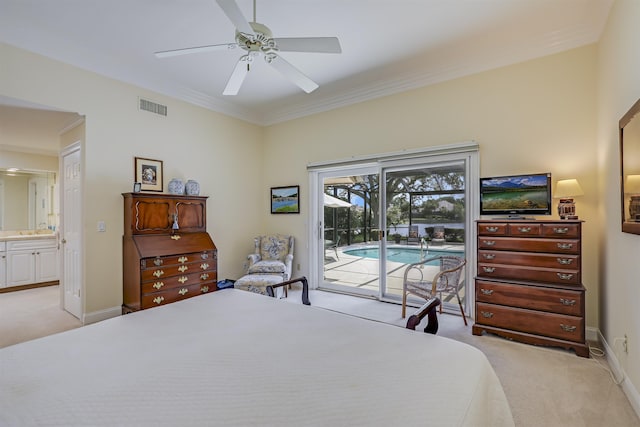 1 Sandpiper Cv, Ponte Vedra Beach, FL 32082 - bedroom featuring light colored carpet, access to exterior, ornamental molding, ceiling fan, and ensuite bathroom