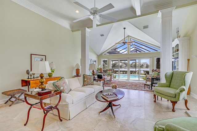 1 Sandpiper Cv, Ponte Vedra Beach, FL 32082 - living area with a ceiling fan, ornate columns, recessed lighting, ornamental molding, and high vaulted ceiling